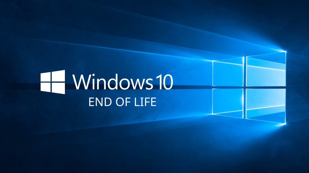 Windows 10 End of Life: Logo Windows 10 dengan tulisan 'END OF LIFE' di bawahnya, menandakan akhir dukungan sistem operasi pada Oktober 2025.