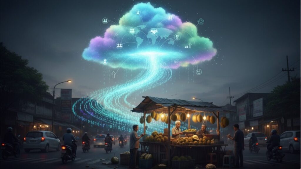 Ilustrasi bisnis lokal di Medan yang bertransformasi digital berkat solusi website murah Medan, menghubungkan usaha tradisional dengan peluang pasar online yang lebih luas.